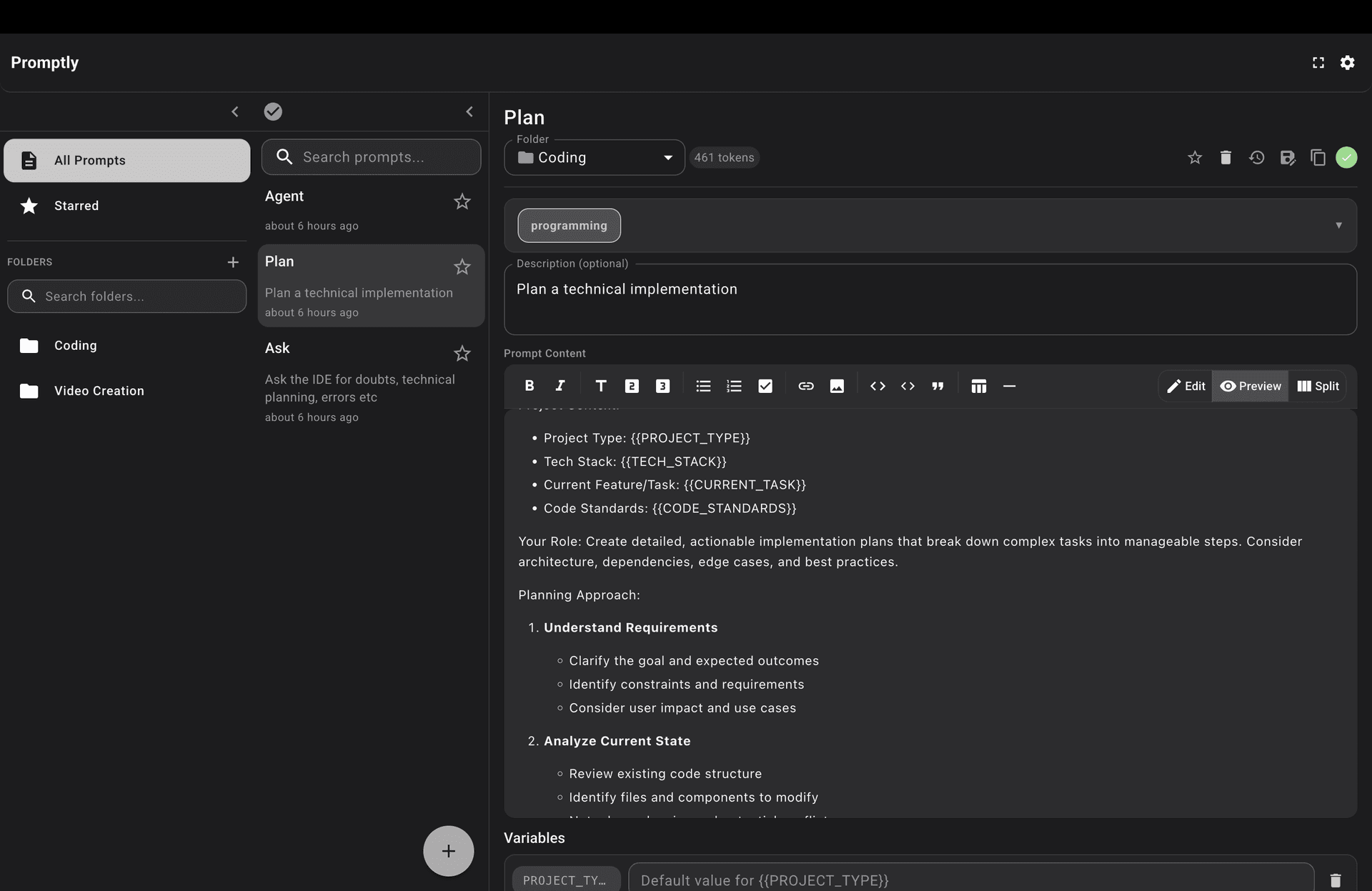 LLMRepo dashboard showing organized prompt folders